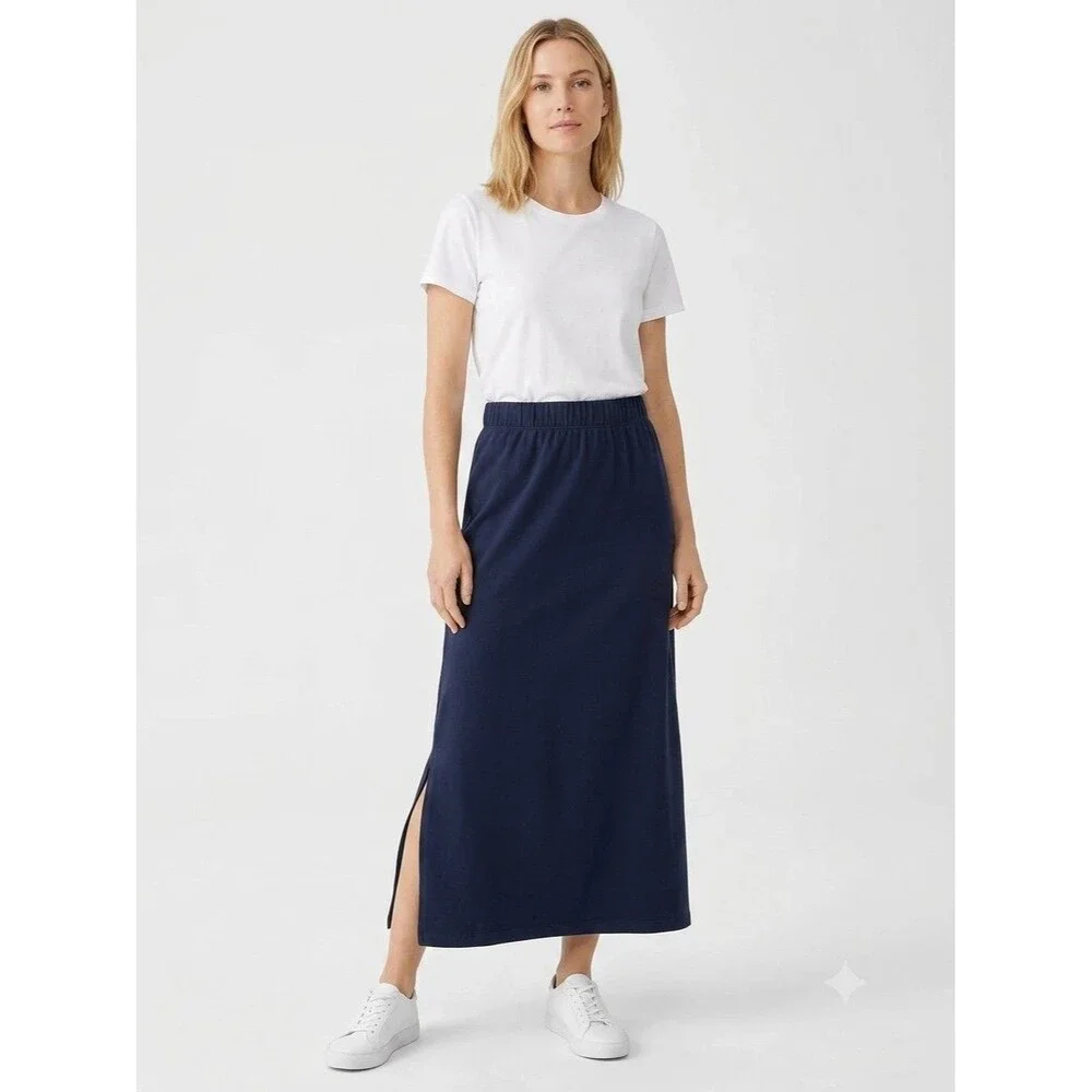 Ellos Knit Maxi Skirt Womens L 18/20 Elastic Waist NAVY Side Slit Stretch Modest